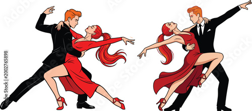 Elegant ballroom tango dance couple in red dress and black suit vector illustration, isolated