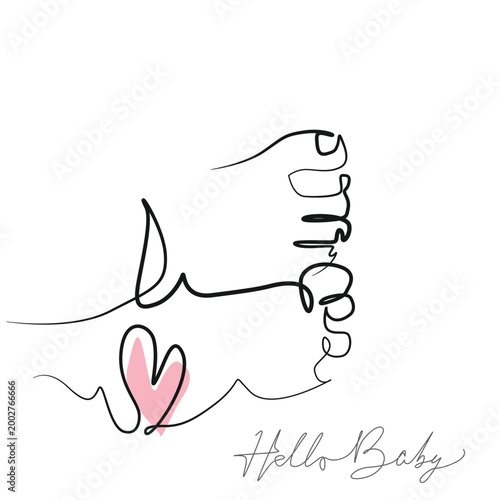 Baby's Feet with Heart Symbol Continuous Line Drawing, Baby Newborn Minimalist One Line Art Illustration