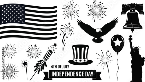 American independence day symbols and icons 4th of july celebration elements with flag eagle fireworks and patriotic graphics