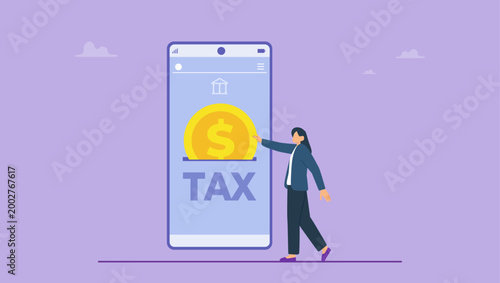 Businesswoman paying tax via smartphone. Paying tax online, electronic wallet, online transfers and transactions, online application for payment taxes concept.