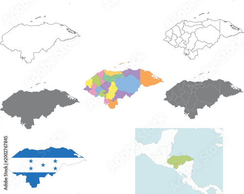 Collection of Honduras maps including administrative divisions, flag silhouette, grey outlines, and regional location in Central America.