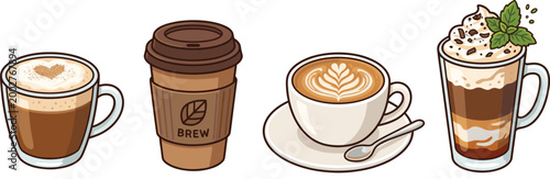 Assorted coffee drinks set with latte art, espresso, takeaway cup, and mocha frappe, vector illustration, isolated icons