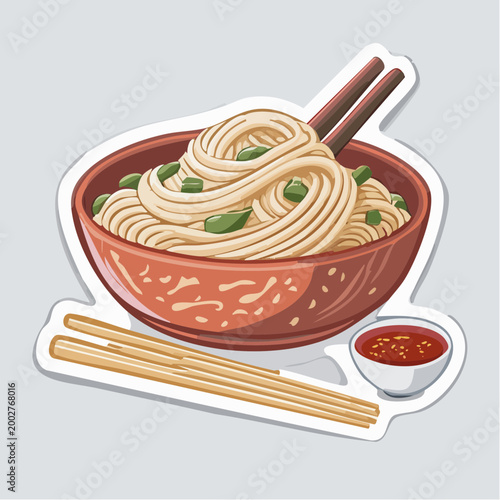 Bowl of Noodles with Chopsticks and Dipping Sauce