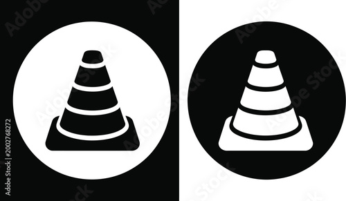 Traffic cone warning icon comparison, two contrasting symbols on varied backgrounds for construction caution safety signage and hazard awareness graphics.