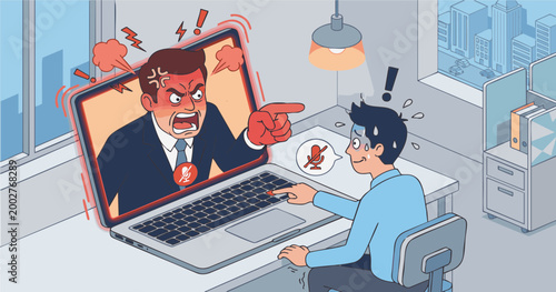 Muting Angry Boss on Laptop While Employee Reacts in Fear Isometric Illustration