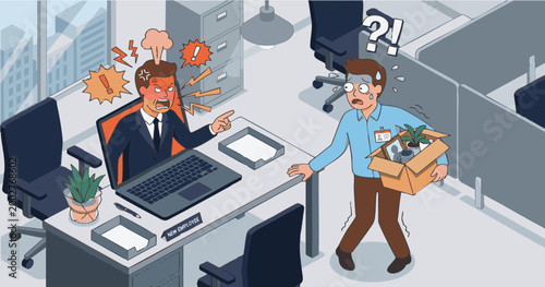 New Employee Shocked by Angry Boss During First Day Remote Meeting Isometric Scene