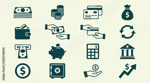 Financial and banking icons set: money, credit cards, currency, and investment