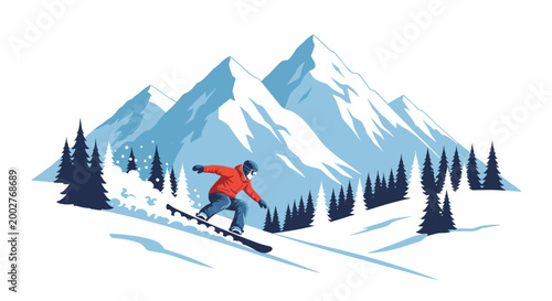 Athletic snowboarder carving through fresh powder on a steep mountain slope with a scenic background of snowy peaks and dense pine forests.