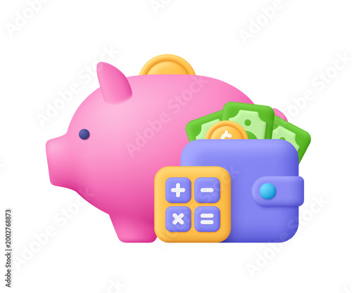 Piggy bank, purple wallet with cash banknotes and coin and yellow calculator. Personal finance, savings, budget, money management, financial planning concept. 3d vector icon. Cartoon minimal style.