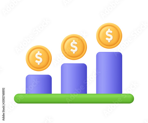 Financial growth chart with purple bars and gold coins. Finance, increasing profit, capital, business success, investment and revenue growth concept. 3d vector icon. Cartoon minimal style.