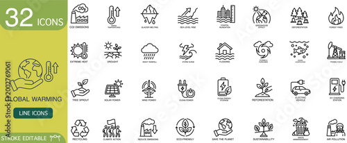 Global warming climate change icon line outline environmental sustainability vector set for infographic, showing carbon emission, renewable energy, recycling, flooding, drought, fire