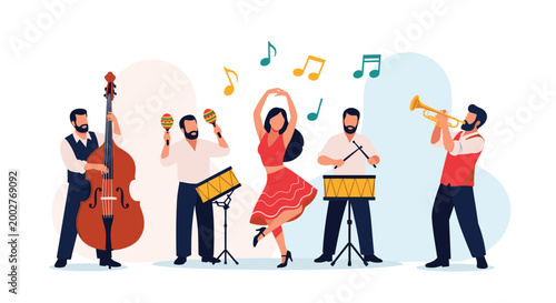 Energetic latin music band with male musicians and a female dancer performs with double bass, trumpet, and percussion.
