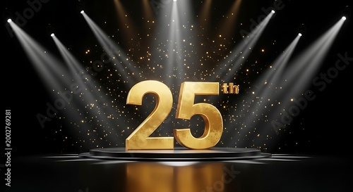 25th anniversary golden 3D number on luxury cinematic stage with spotlights and glitter for celebration event photo