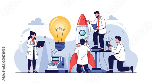 Team of specialized scientists and engineers works together to build a space rocket under a giant glowing lightbulb.