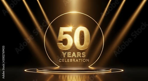 50th anniversary golden number celebration luxury 3D render with spotlights podium and circular frame on dark background digital illustration