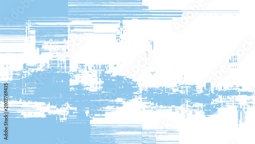 Blue glitch art design with horizontal lines and distorted pixels on white