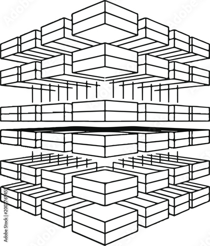 Diagram of Big data architecture with layered processing blocks and perfectly parallel connection lines