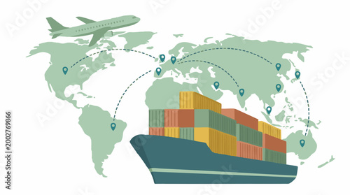 Global logistics and international shipping network with airplane and cargo ship