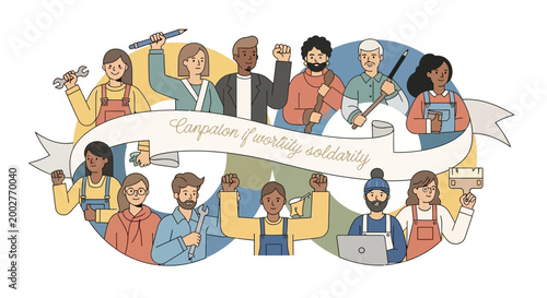 Illustrated diverse group of workers celebrating International Workers' Day for labor day, holding tools and raising fists in solidarity against a clean white background, with a banner