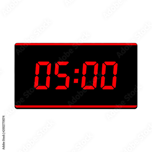 Digital clock displays five o'clock with bright red numerals on a black background