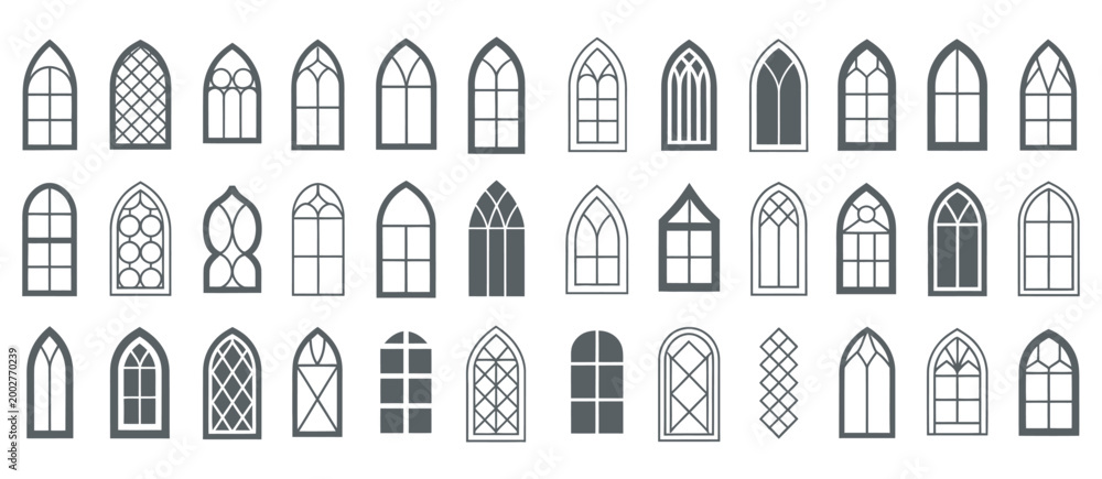 Εκτύπωση καμβά Church windows silhouettes gothic arches in line, classic stained glass frame ou