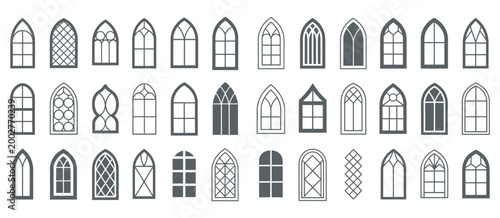 Εκτύπωση καμβά Church windows silhouettes gothic arches in line, classic stained glass frame ou