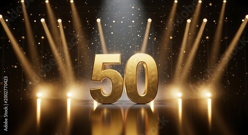 Golden number 50 on cinematic stage with spotlights and glitter particles for 50th anniversary celebration luxury 3D illustration background
