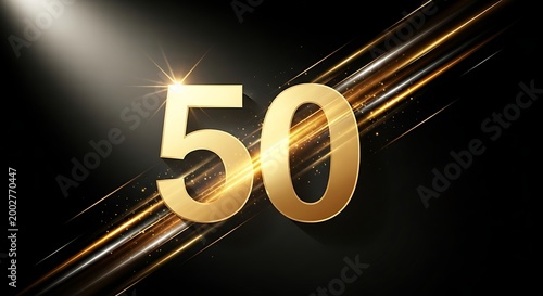Luxury golden number 50 for 50th anniversary celebration with elegant glowing light streaks on black background digital illustration