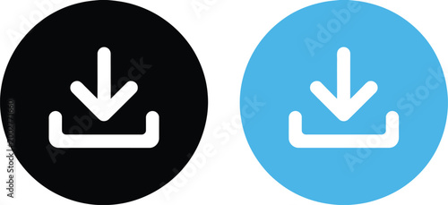 Circular download icon set, four variations with different background colors for data download app interface and digital communication graphics.