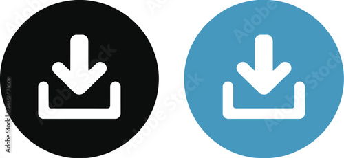 Download icons set, colorful circular download buttons with different styles for file transfer cloud storage and user interface design elements.