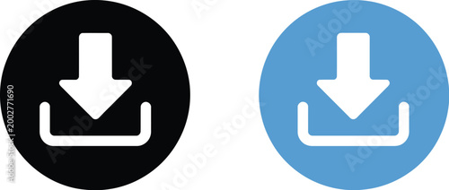 Download icons set, four circular symbols with varying background colors representing file download data transfer and digital interface design.