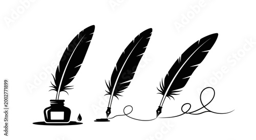 Fotografie Three black quill pens with inkwells and flowing ink lines, symbolizing writing and creativity