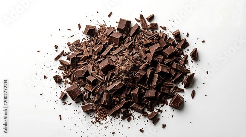 Crumbled dark chocolate pieces scattered on white background.