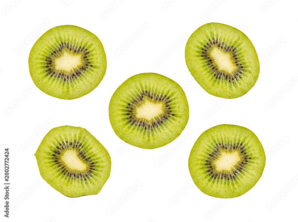 Fototapeta premium Five vibrant green kiwi fruit slices, showcasing fresh texture and seeds.