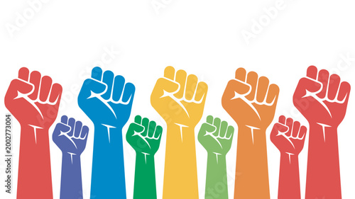 Colorful raised fists symbolizing unity protest empowerment activism social justice movement diversity equality solidarity human rights community strength concept