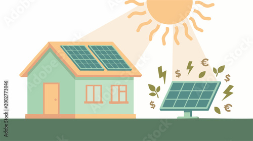 Solar powered house illustration showing clean energy and financial benefits