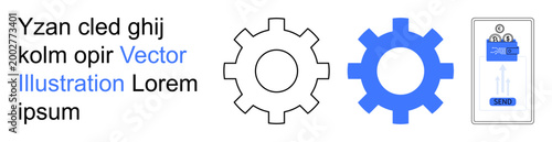 Workflow optimization, automation, teamwork, process management, machinery, project planning. Two gear icons and a clipboard. Workflow optimization and automation concept