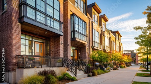 Modern apartment facade in upscale residential neighborhood