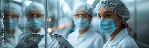 Masked female researchers in cleanroom gear observe and record data in lab