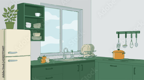 Modern kitchen interior illustration with green cabinets, sink, and appliances