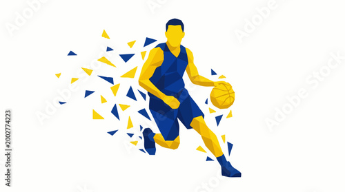 Geometric low poly basketball player dribbling, abstract sports illustration