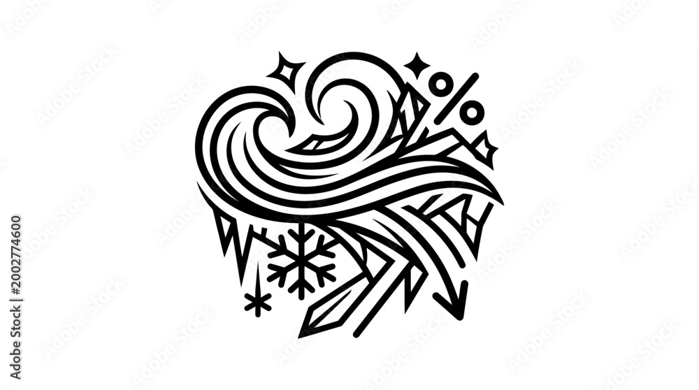 Naklejka premium Abstract illustration of wind, cold, and winter elements in a circular design.