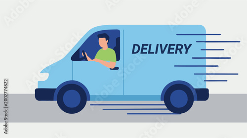 Delivery van with driver moving fast, flat design illustration