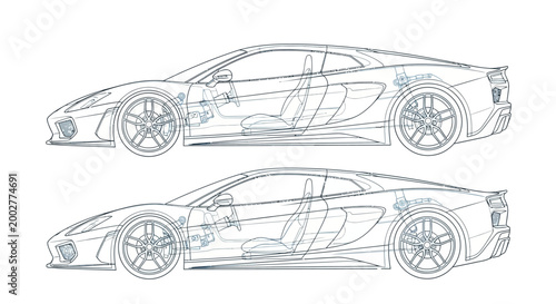 Technical line drawing depicts a sports car in blueprint style with detailed internal mechanisms and components, rendered in a minimalist black-and-white color scheme against a stark white
