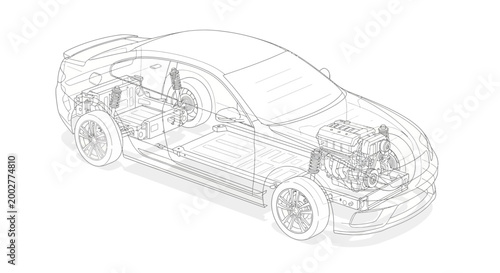Detailed technical line drawing of a car showcasing its internal components with visible engine, suspension, and chassis, presented in a minimalist style against a clean white background