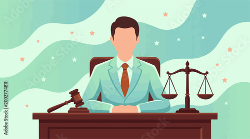 Professional Judge Sitting at Desk with Gavel and Scales of Justice