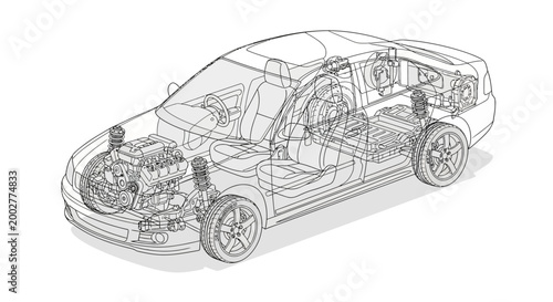 Detailed technical line drawing of a car chassis and engine components in a cutaway view, rendered in a clear and precise style with a white background to showcase the vehicle's internal