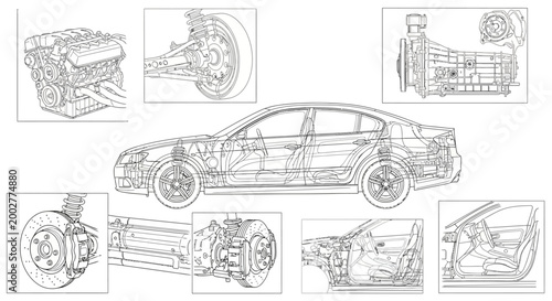 Detailed line art shows a sedan car's internal components including the engine, transmission, and chassis, presented in a technical, engineering-style diagram against a clean white