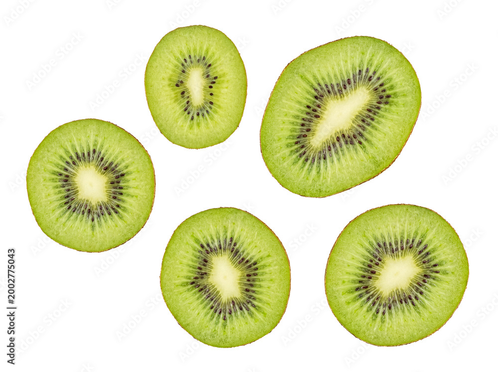 Fototapeta premium Vibrant green kiwi fruit slices, showcasing their juicy texture and characteristic black seeds.