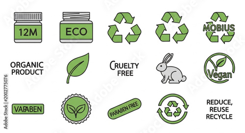 Collection of eco friendly and organic product symbols and icons.